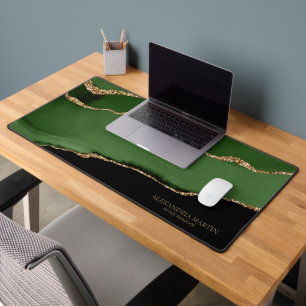 Green Black Marble Agate Gold Name Title Desk Mat