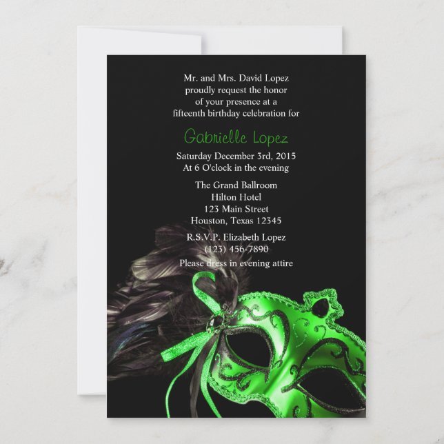 Green Black Masquerade Quinceanera Ball Invitation (Back)