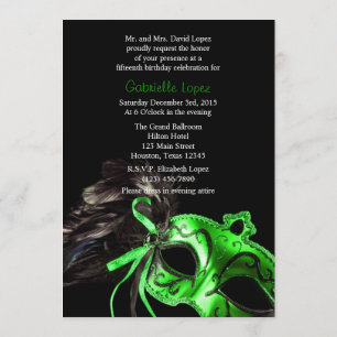 Green Black Masquerade Quinceanera Ball Invitation