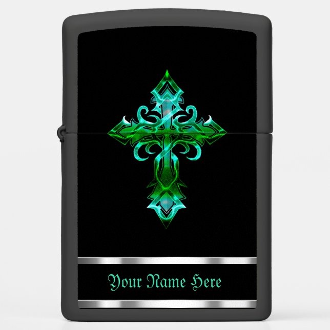 Green Black Medieval Cross Zippo Lighter (Front)