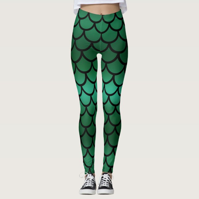 Green & Black Mermaid Scales Fantasy Fish Leggings (Front)
