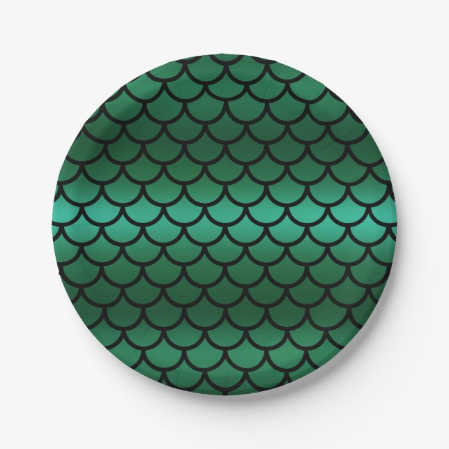 Green & Black Mermaid Scales Fantasy Fish Paper Plates (Front)