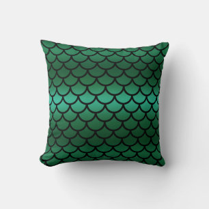 Green & Black Mermaid Scales Fantasy Fish Throw Pillow