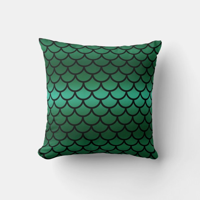 Green & Black Mermaid Scales Fantasy Fish Throw Pillow (Front)