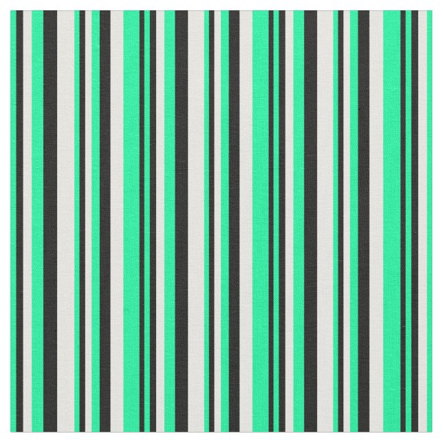 Green, Black & Mint Cream Lined/Striped Pattern Fabric (Close Up)