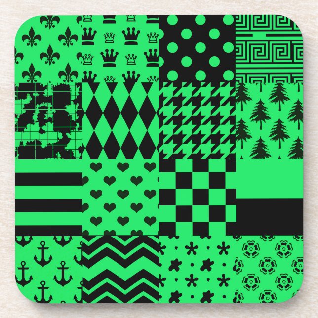 Green Black Mixed Patterns Patchwork Design  Beverage Coaster (Front)