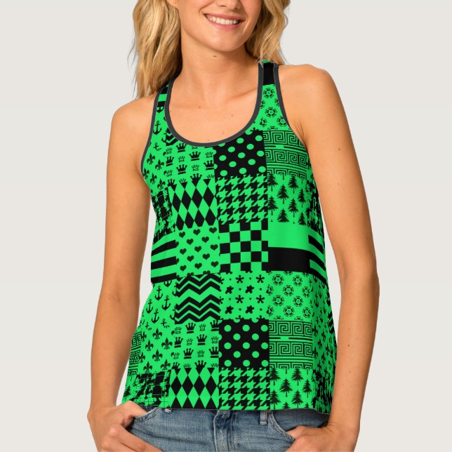 Green Black Mixed Patterns Patchwork Design  Tank Top (Front)