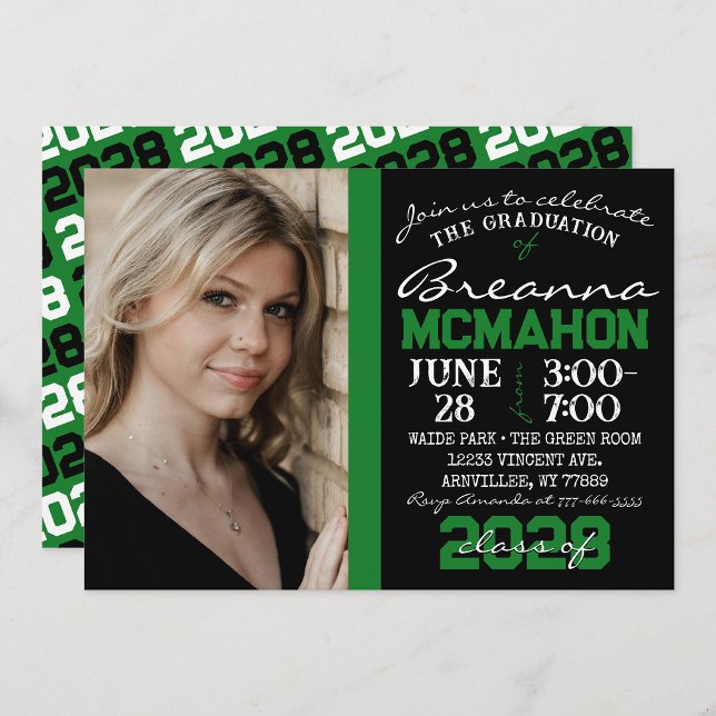 Green & Black Modern Graduation Photo Invitation ( Repeating Class Year 1 & 2 Photo Graduation Invitations & Announcements)