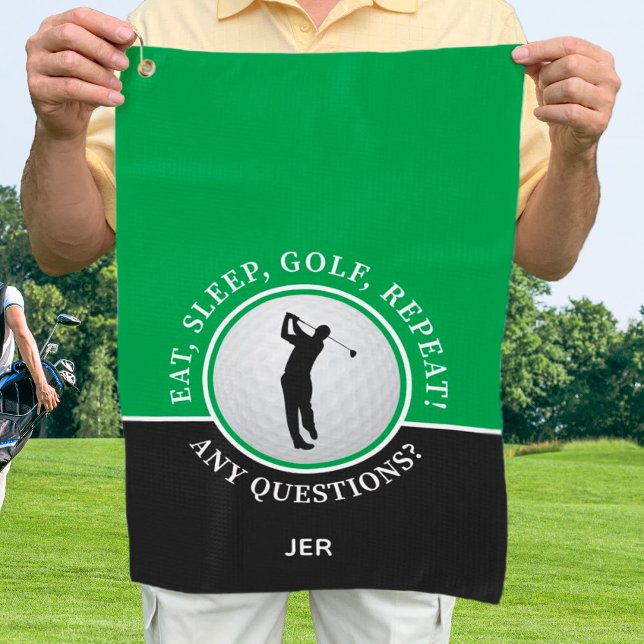 Green Black Monogram Golfer Sports Silhouette  Golf Towel (Golfer Male Silhouette Golf Ball Quote Green Black Golf Towel)