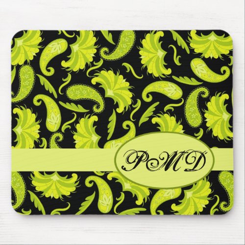 Green Black Monogram Initials Parisian Paisley Mouse Pad