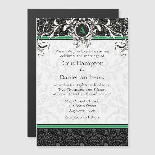 Green Black Monogram Magnetic Wedding Invitation