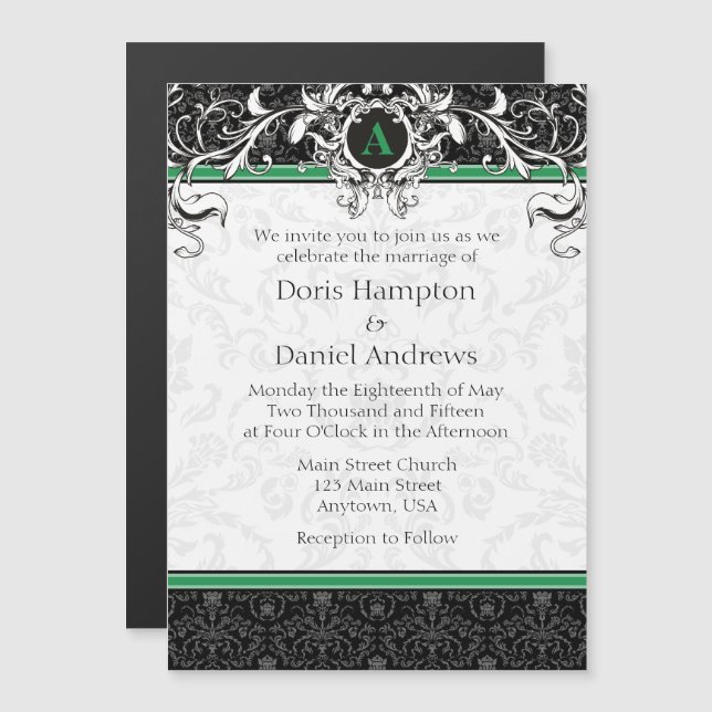 Green Black Monogram Magnetic Wedding Invitation (Front/Back)