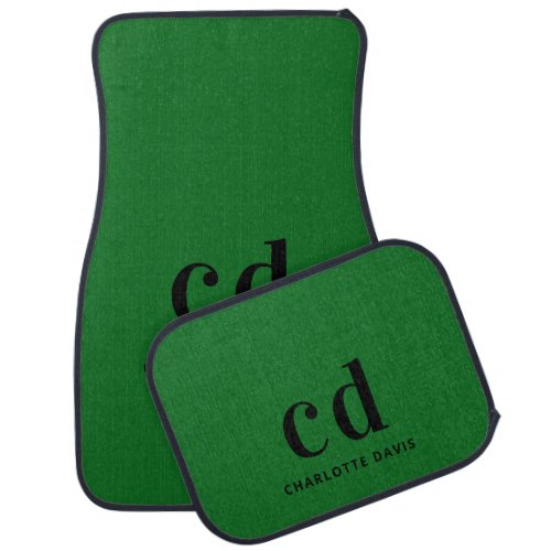 Green black name monogram initials car floor mat