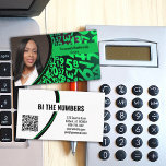 Green Black Numbers Custom Photo QR Code Business Card<br><div class="desc">A green and black numbers background on this design features a photo placeholder on the left with template name on the right. The back includes a coordinated design and colors with text fields for the business name and details. Replace the placeholder photo with your vertical format photographand your link for...</div>