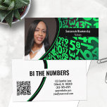 Green Black Numbers Custom Photo QR Code Business Card<br><div class="desc">A green and black numbers background on this design features a photo placeholder on the left with template name on the right. The back includes a coordinated design and colors with text fields for the business name and details. Replace the placeholder photo with your vertical format photograph and your link...</div>