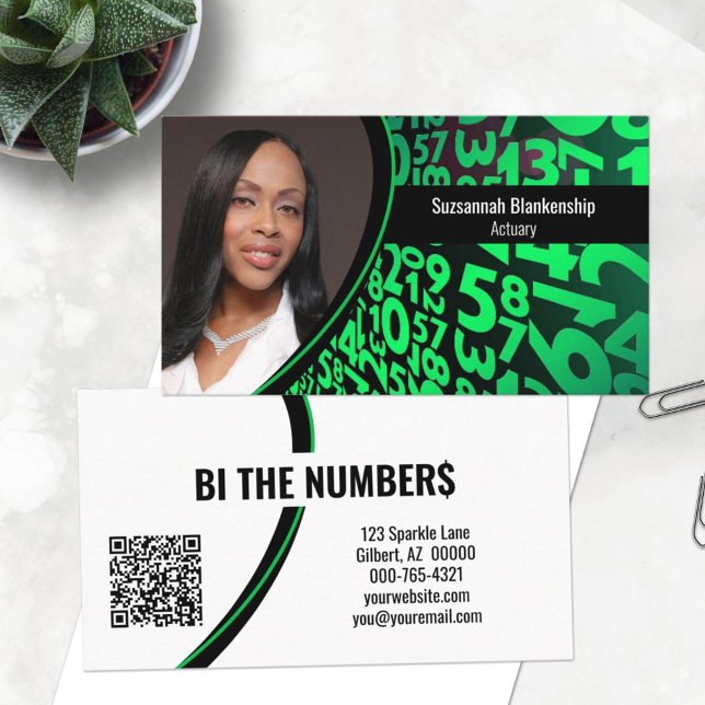 Green Black Numbers Custom Photo QR Code Business Card (Share your numbers related business information on this template card design. )