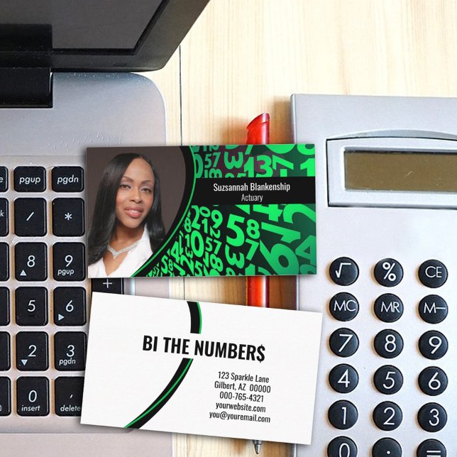 Green Black Numbers Custom Professional Photo  Business Card (Share your business info on this black and green numbers custom photo business card design.)