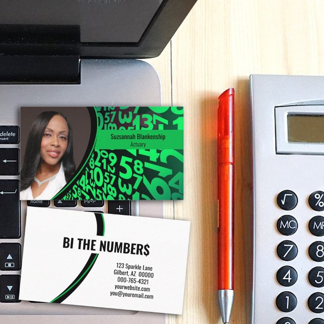 Green Black Numbers Custom Professional Photo  Business Card (Share your numbers business information on this double-sided custom photo business card design.)