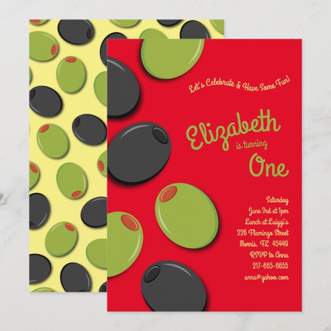 Green & Black Olives Kid 1st Birthday Party Invitation (Front/Back)