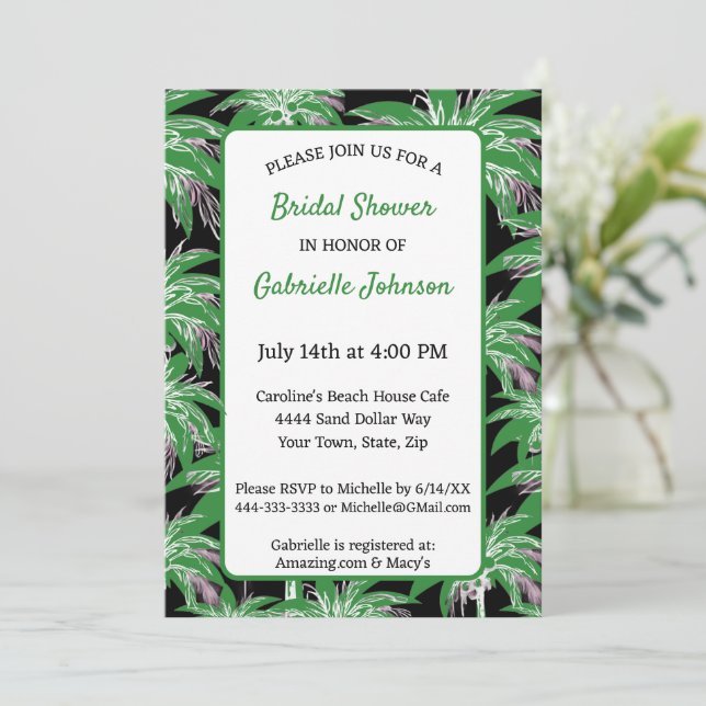 Green Black Palm Tree Modern Summer Shower Party Invitation (Standing Front)