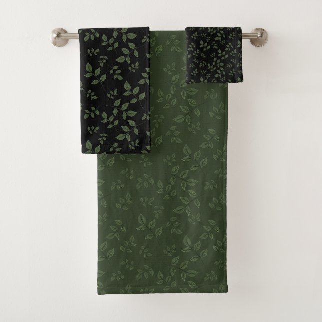 Green black pattern leaves  bath towel set (Insitu)