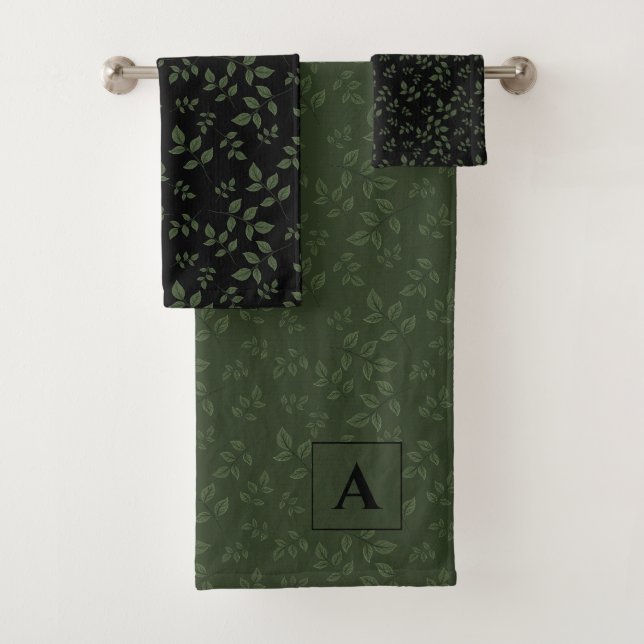 Green black pattern leaves monogram bath towel set (Insitu)