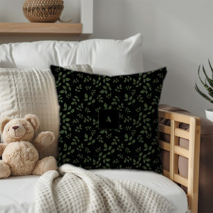 Green black pattern leaves monogram throw pillow