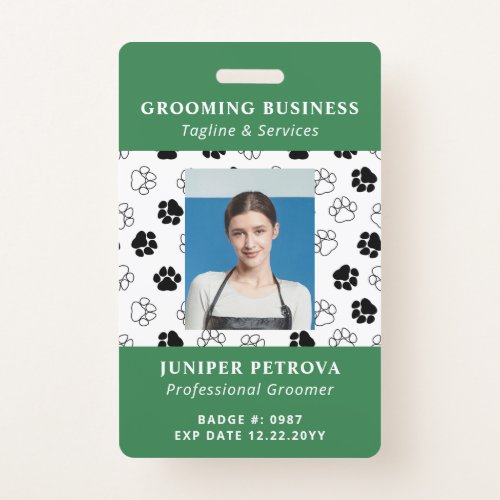 Green Black Paw Print Pattern Dog Groomer ID Badge