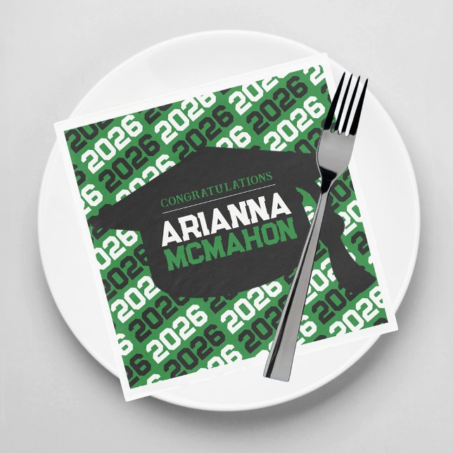 Green & Black Personalized Graduation Cap Paper Napkins (Green, White and Black Class of Any Year Graduation Party Paper Napkins)