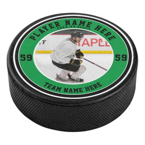 Green Black Personalized Photo  Custom Team Ice Hockey Puck