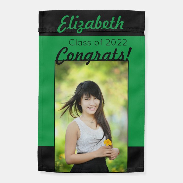 Green & Black Photo Congrats Graduation Party Garden Flag (Back)