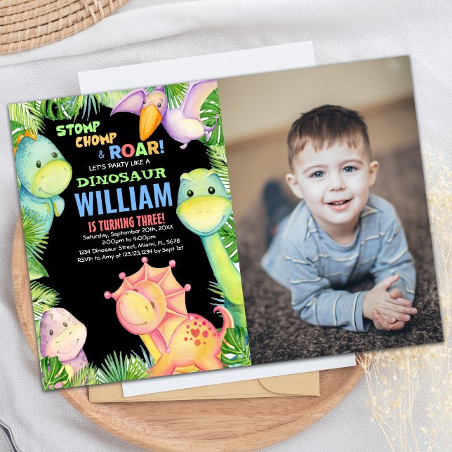 Green Black Photo Dinosaur Birthday Invitations (Green Black Photo Dinosaur Birthday Invitations)