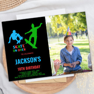 Green Black Photo Skateboards Birthday Invitations