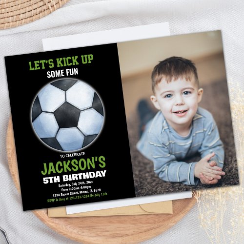 Green Black Photo Soccer Floor Soccer Birthday Invitation