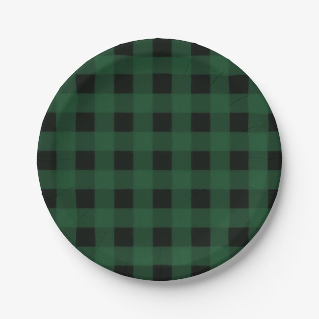 Green Black Plaid Buffalo Checker Pattern Paper Plates (Front)
