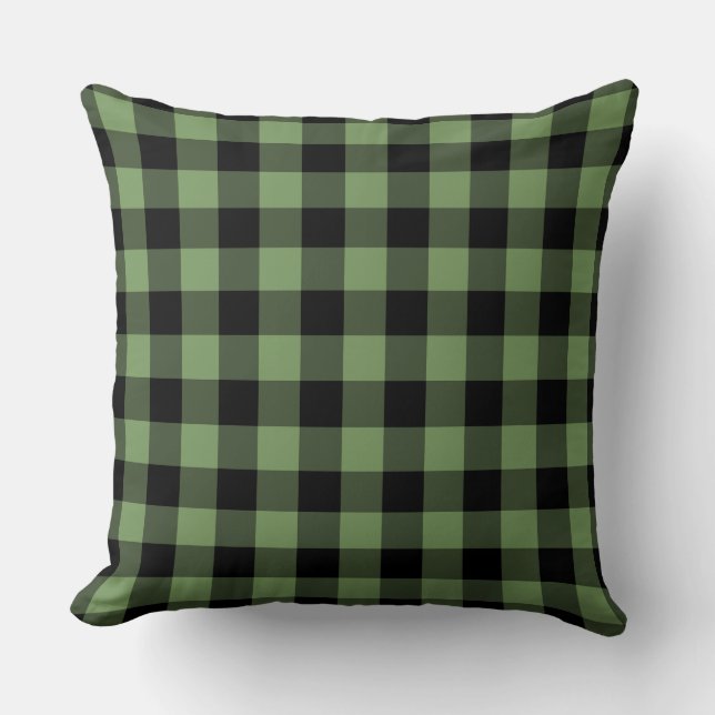 Green Black Plaid Checker Pattern Throw Pillow (Front)