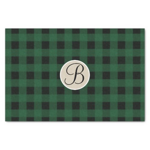 Green Black Plaid Checker Rustic Monogram Initial Tissue Paper