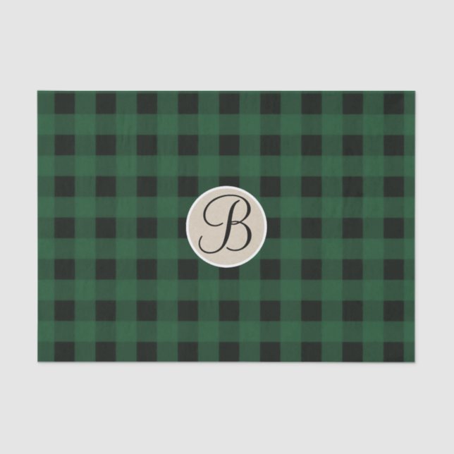 Green Black Plaid Checker Rustic Monogram Initial Tissue Paper (Front)