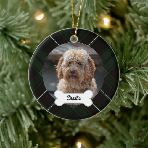 Green Black Plaid Custom Pet Puppy Dog Photo Ceramic Ornament