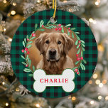 Green & Black Plaid Dog Photo Christmas Wreath Ceramic Ornament<br><div class="desc">Add a rustic touch to your holiday decor with this personalized green and black buffalo plaid dog photo Christmas wreath ornament. Featuring a festive wreath with green leaves and berries surrounding your pet's photo, this ornament is perfect for dog lovers who want to showcase their furry friends on their Christmas...</div>