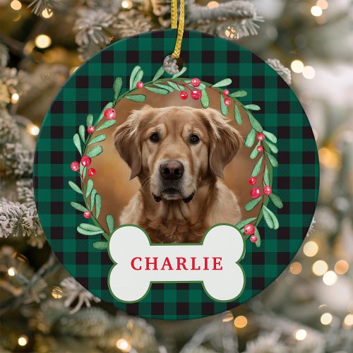 Green &Amp;Amp; Black Plaid Dog Photo Christmas Wreath Ceramic Ornament