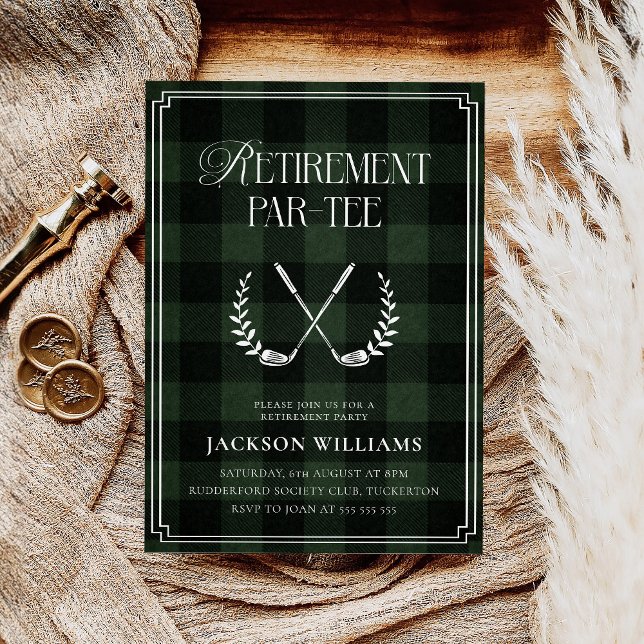Green & Black Plaid Golf Retirement Party Invitation (Creator Uploaded)