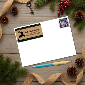 Green & Black Plaid Reindeer Christmas Custom Label