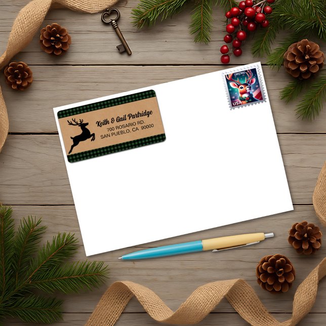 Green & Black Plaid Reindeer Christmas Custom Label (Creator Uploaded)