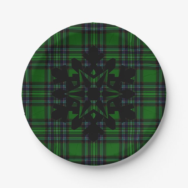 Green Black Plaid rustic snow flake  Paper Plates (Front)