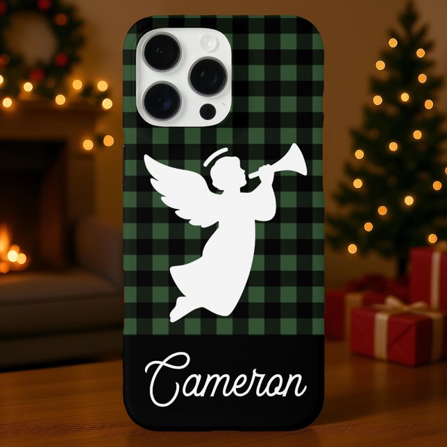 Green & Black Plaid with Angel Custom Name Case-Mate iPhone Case (Creator Uploaded)
