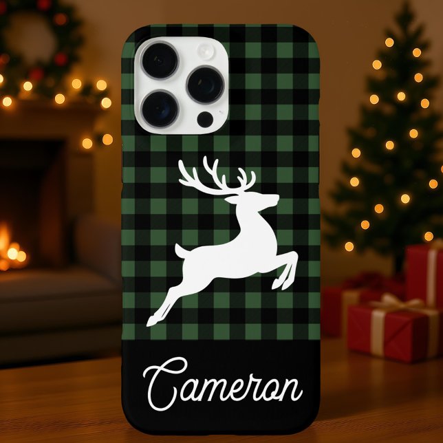 Green & Black Plaid with Reindeer Custom Name Case-Mate iPhone Case (Creator Uploaded)