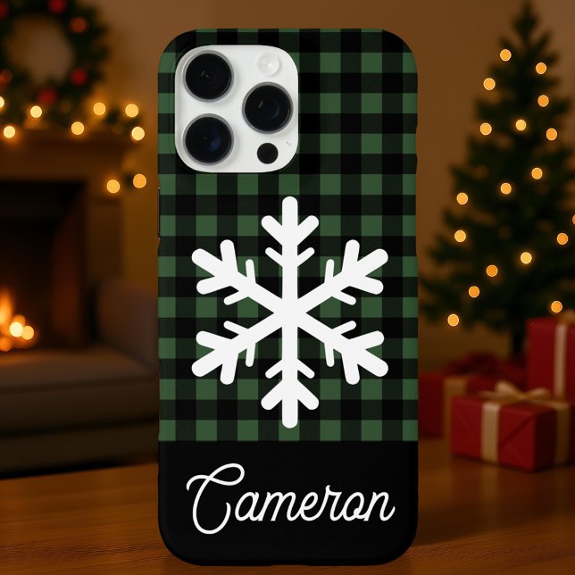 Green & Black Plaid with Snowflake Custom Name Case-Mate iPhone Case (Creator Uploaded)