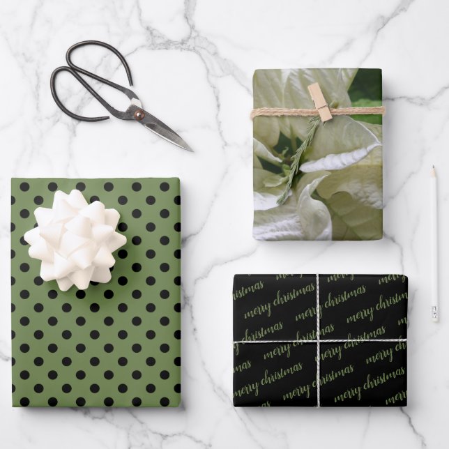 Green Black Polka Dot Poinsettia Merry Christmas Wrapping Paper Sheets (Front)