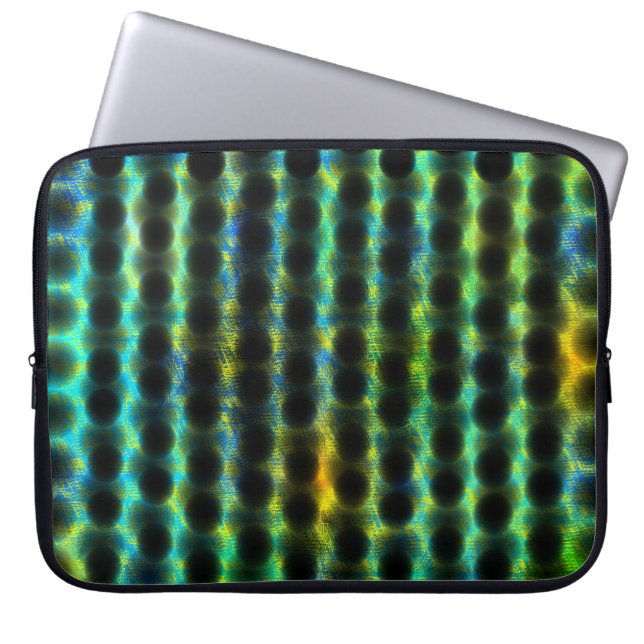 Green, black polka dots generating shapes, shadow laptop sleeve (Front)